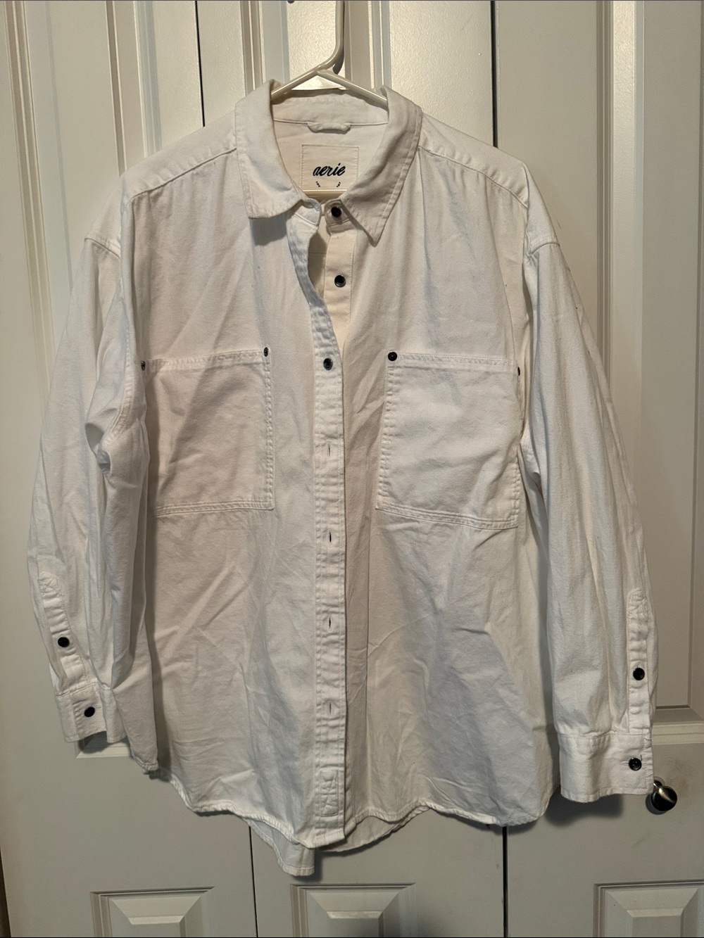 aerie White Button-Down Shirt with Black Buttons